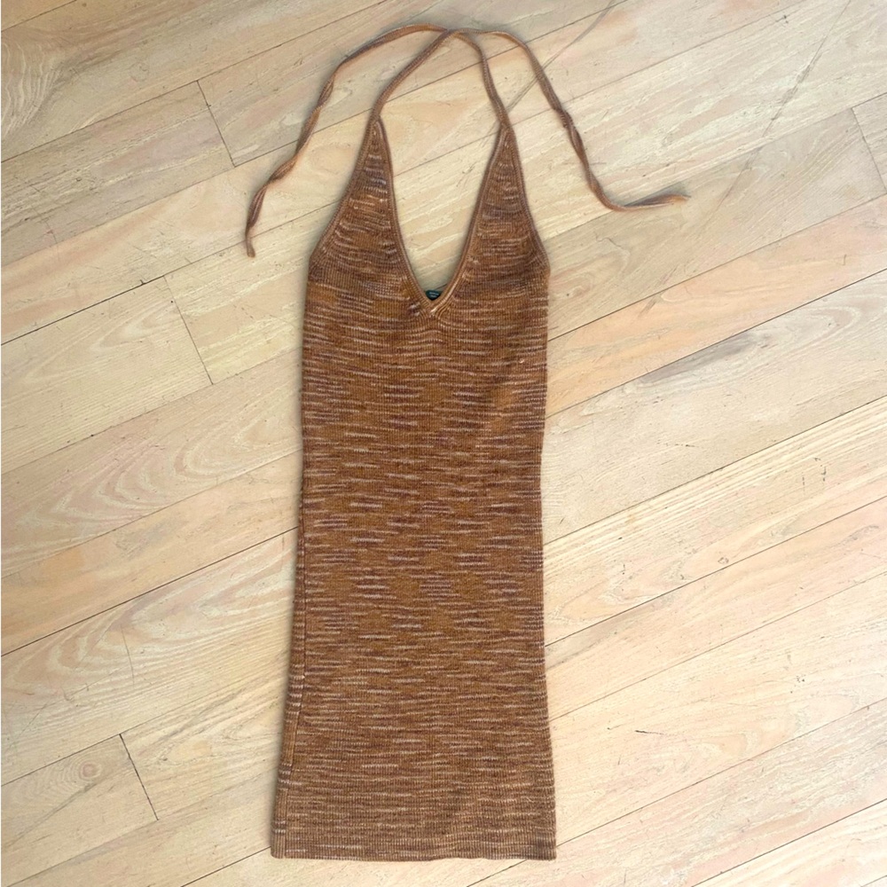 Knit brown heather halter dress. Form fitting